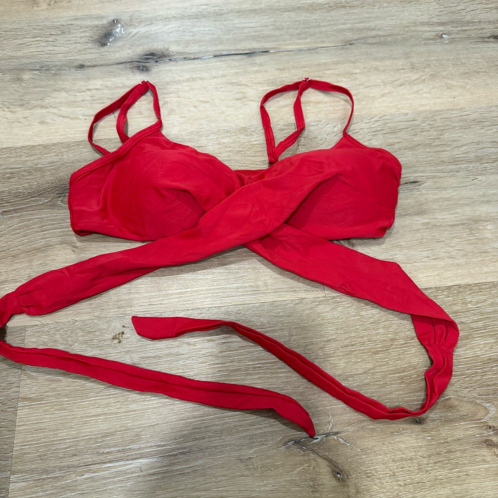 Red Wrap Around Bikini Top Sweetheart Neck Adjustable Straps Medium